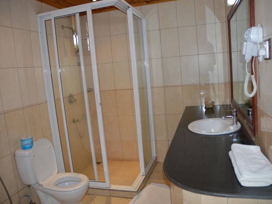 A bathroom with a shower enclosure, a toilet, a sink, and a hairdryer mounted on the wall.
