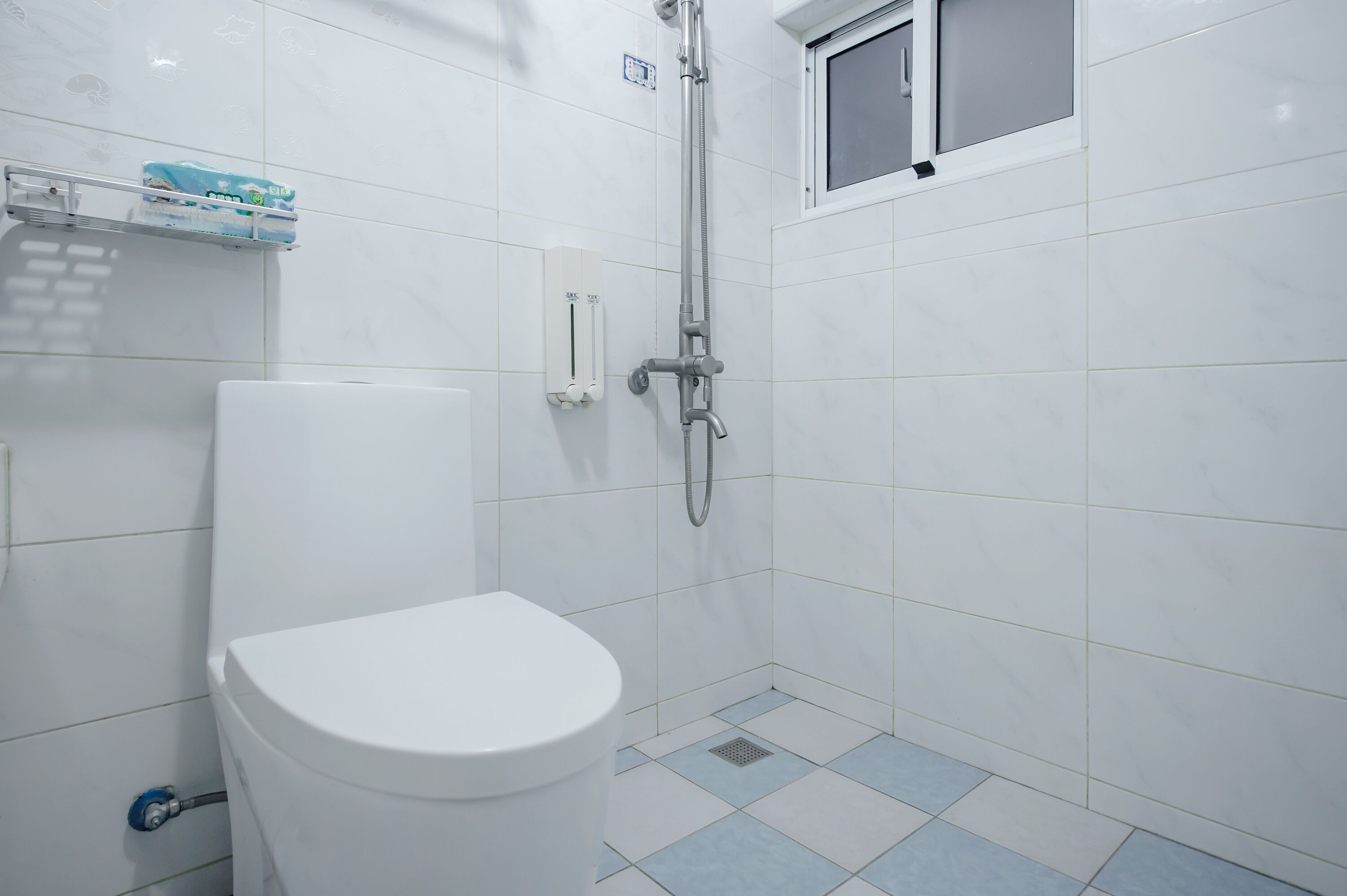A bathroom with a white toilet, a shower with a handheld showerhead, and a small window above the shower.