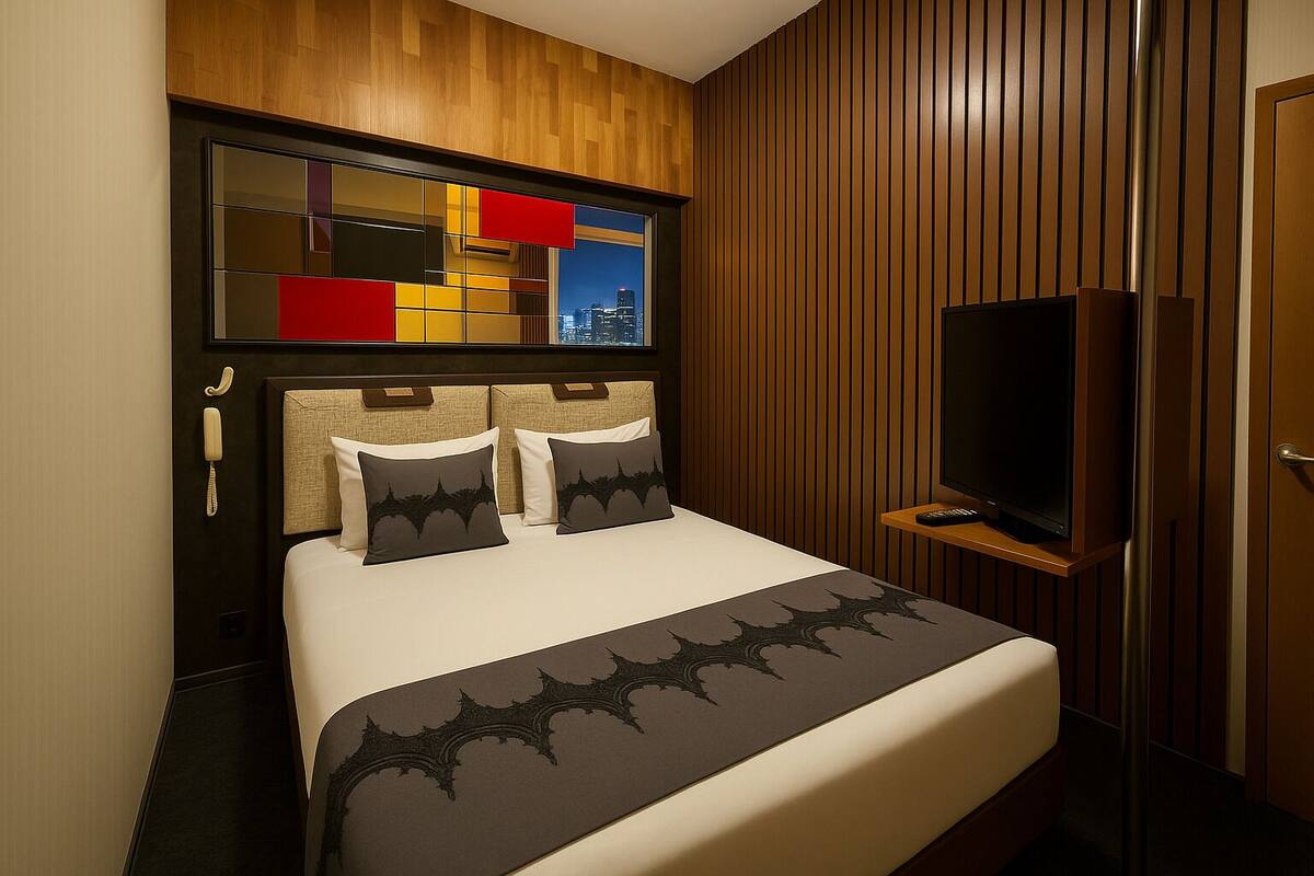 A hotel room with a bed, a television, and a city view through the window.