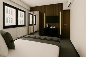 A hotel room with a bed, a desk with a TV, a radiator, and a window with a view of buildings. - Black Art Otel (Istanbul)