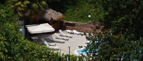 Seasonal outdoor pool, pool umbrellas, pool loungers