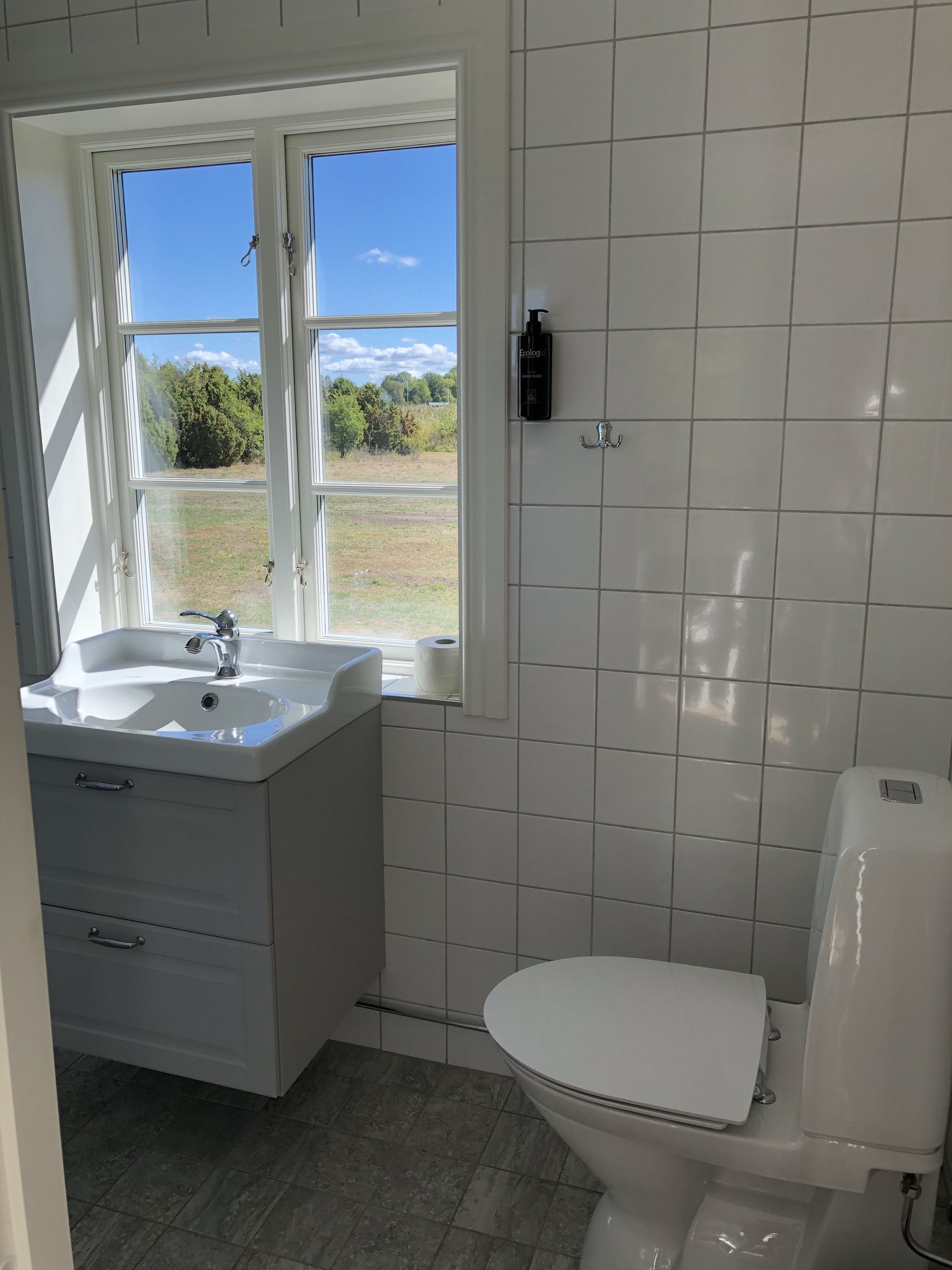 Un baño con un lavamanos blanco, un inodoro y una ventana con vistas a la vegetación.