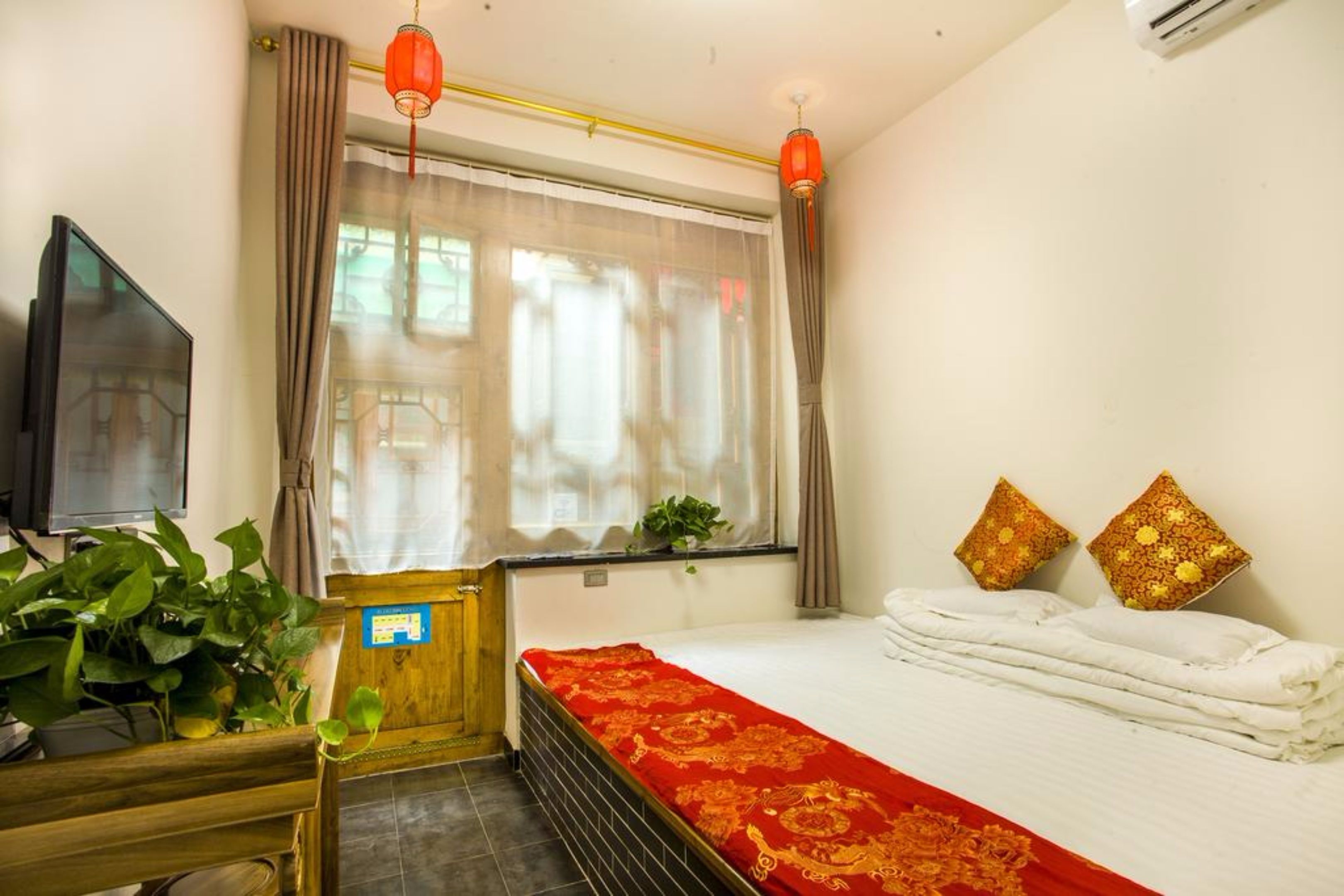 A hotel room with a bed, a television, a window with curtains, and a plant.