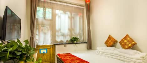 A hotel room with a bed, a television, a window with curtains, and a plant.