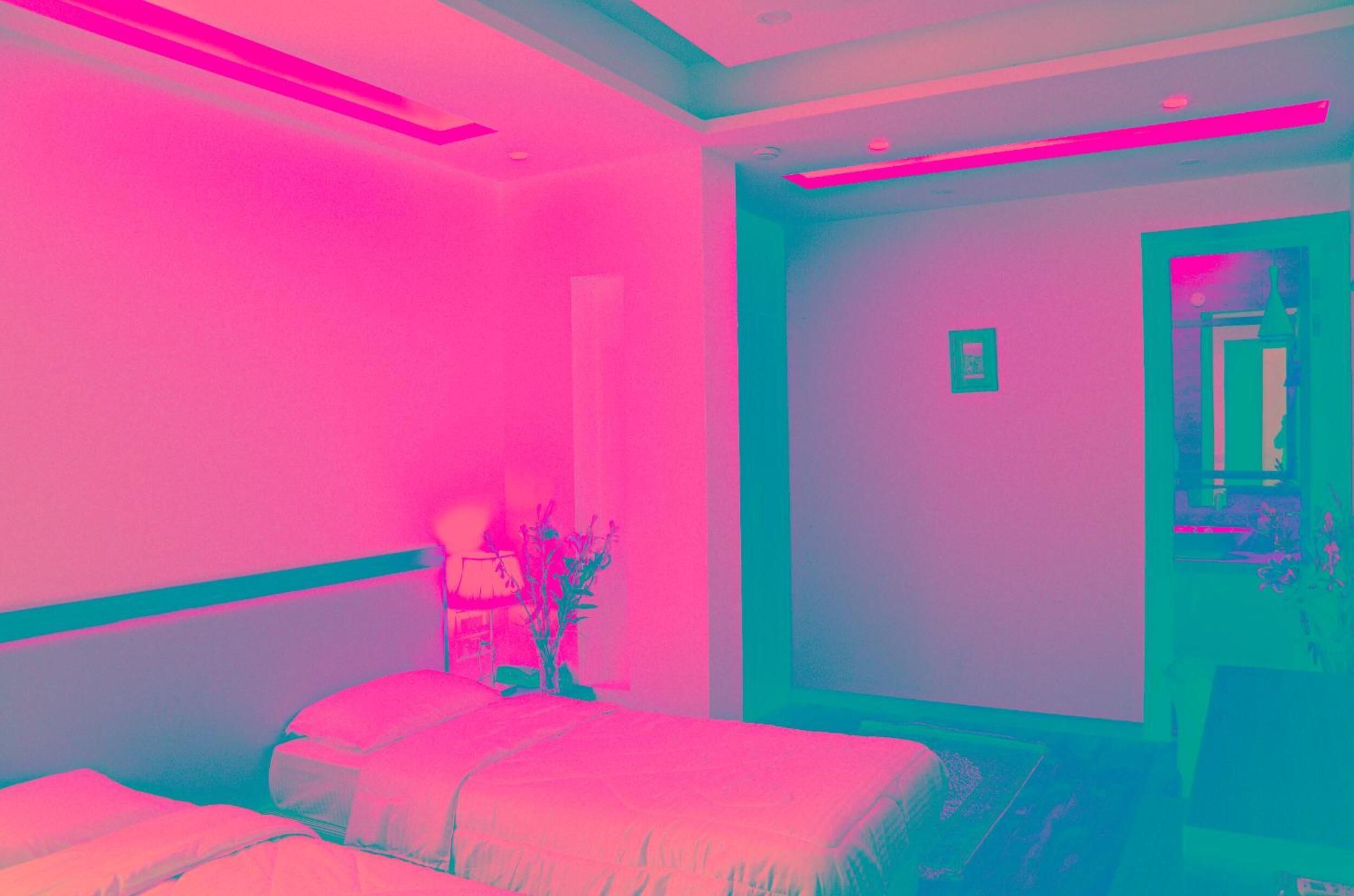 Een hotelkamer met een bed, nachtkastje en een kleine plant.