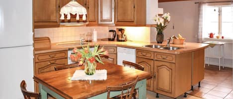 Fridge, stovetop, dishwasher, coffee/tea maker