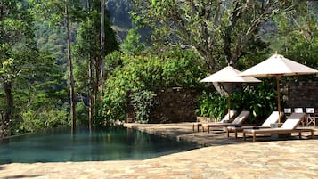 Outdoor pool, pool umbrellas, pool loungers