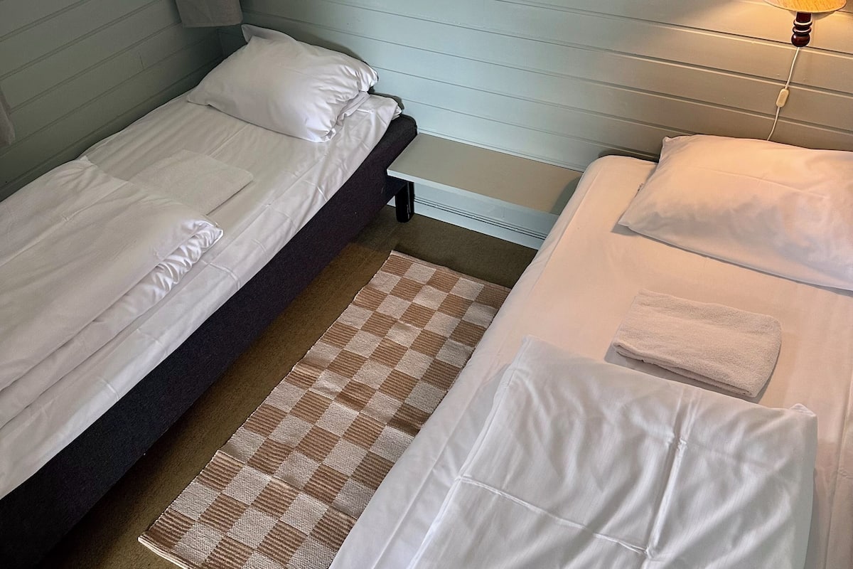A room with two beds, a checkered rug, a framed picture on the wall, and a bedside lamp.