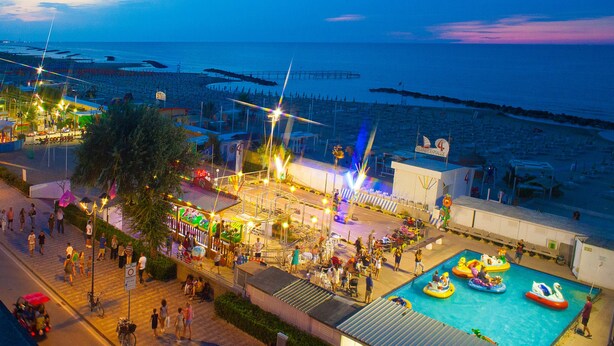Una zona sulla spiaggia con piscina, ombrelloni e una ruota panoramica.
