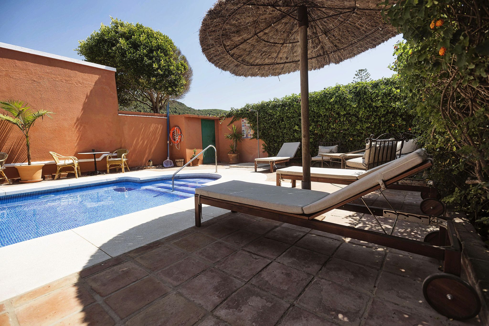 outdoor pool, pool loungers