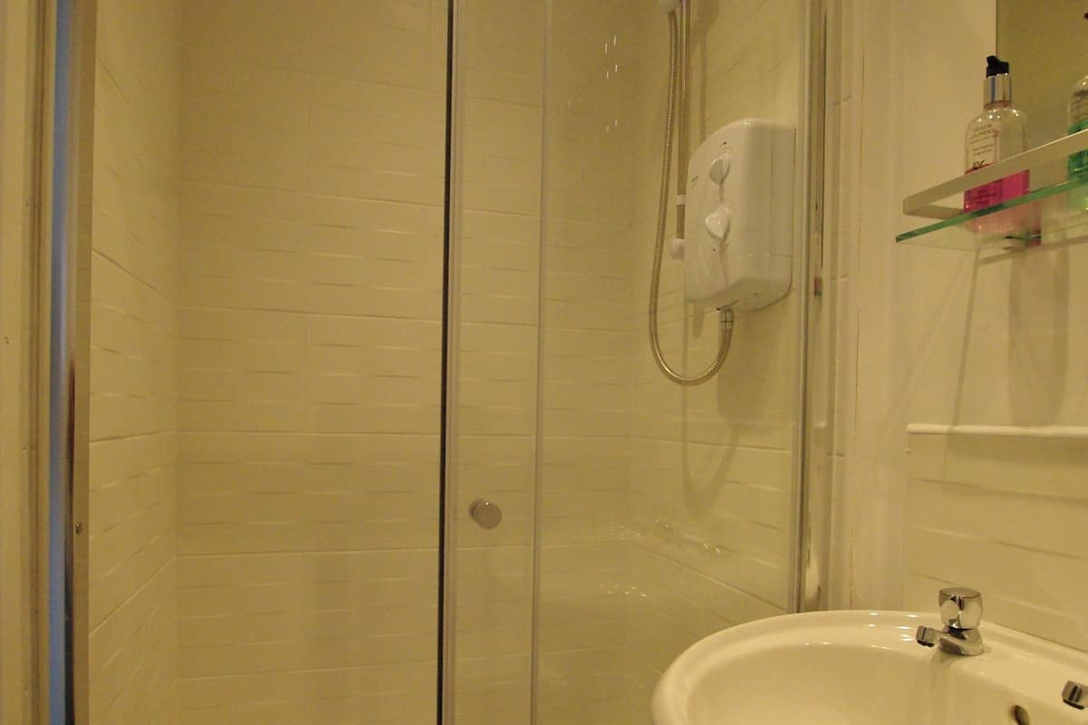 A glass-enclosed shower with a white sink and a mirror above it.