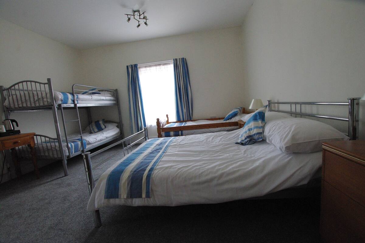 A dormitory room with bunk beds, a desk, and a window with curtains.