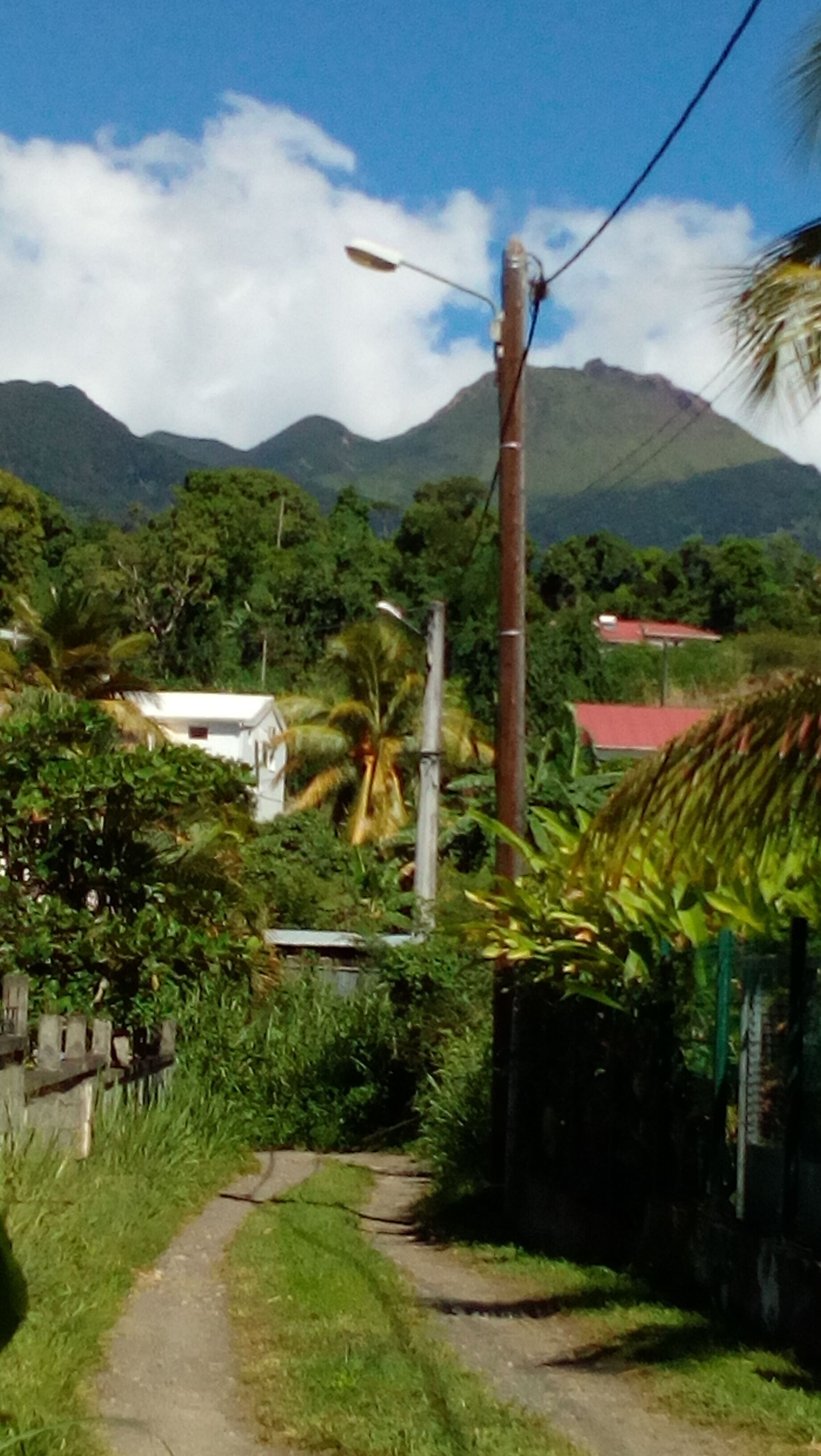 Un camino rural con un edificio blanco y una construcción de techo rojo al fondo, rodeado de vegetación exuberante y montañas.