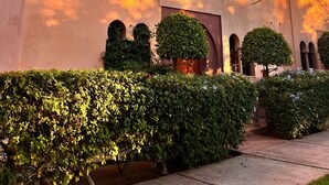 A building with a flat roof, arched windows, and a courtyard with hedges. -  riad with pool - Residence Ayda - Marrakech Palmeraie. near golf (MARRAKECH)