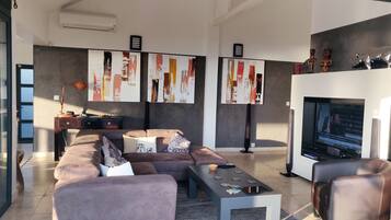 Smart TV, DVD player, books, video library