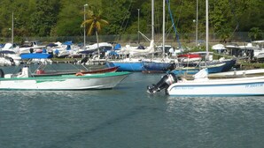 A marina with several boats docked.