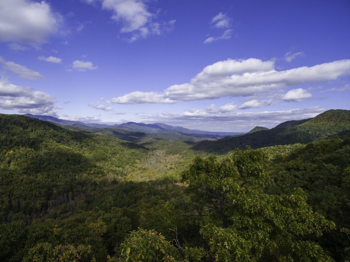 A panoramic view of a mountainous landscape with dense forest coverage and a clear blue sky.