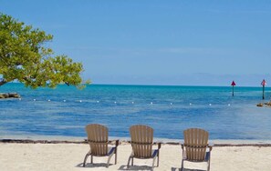 Three Adirondack chairs facing a beach with clear blue water and a tree on the left. - Sunshine and Sandbars Waterfront Condo (Tavernier)