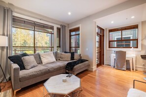 Flat-screen TV, fireplace, stereo