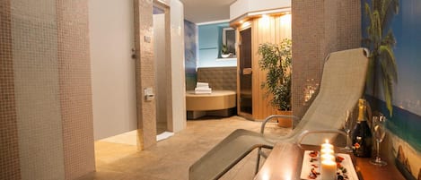 A modern hotel room with a dining area, a shower, and a view of the outside.
