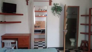 Quarto com escrivaninha de madeira, cadeira, televisão na parede, prateleira com diversos objetos, planta e banheiro com vaso sanitário e chuveiro.