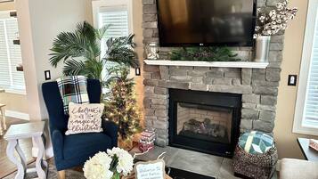 Smart TV, fireplace, books, music library