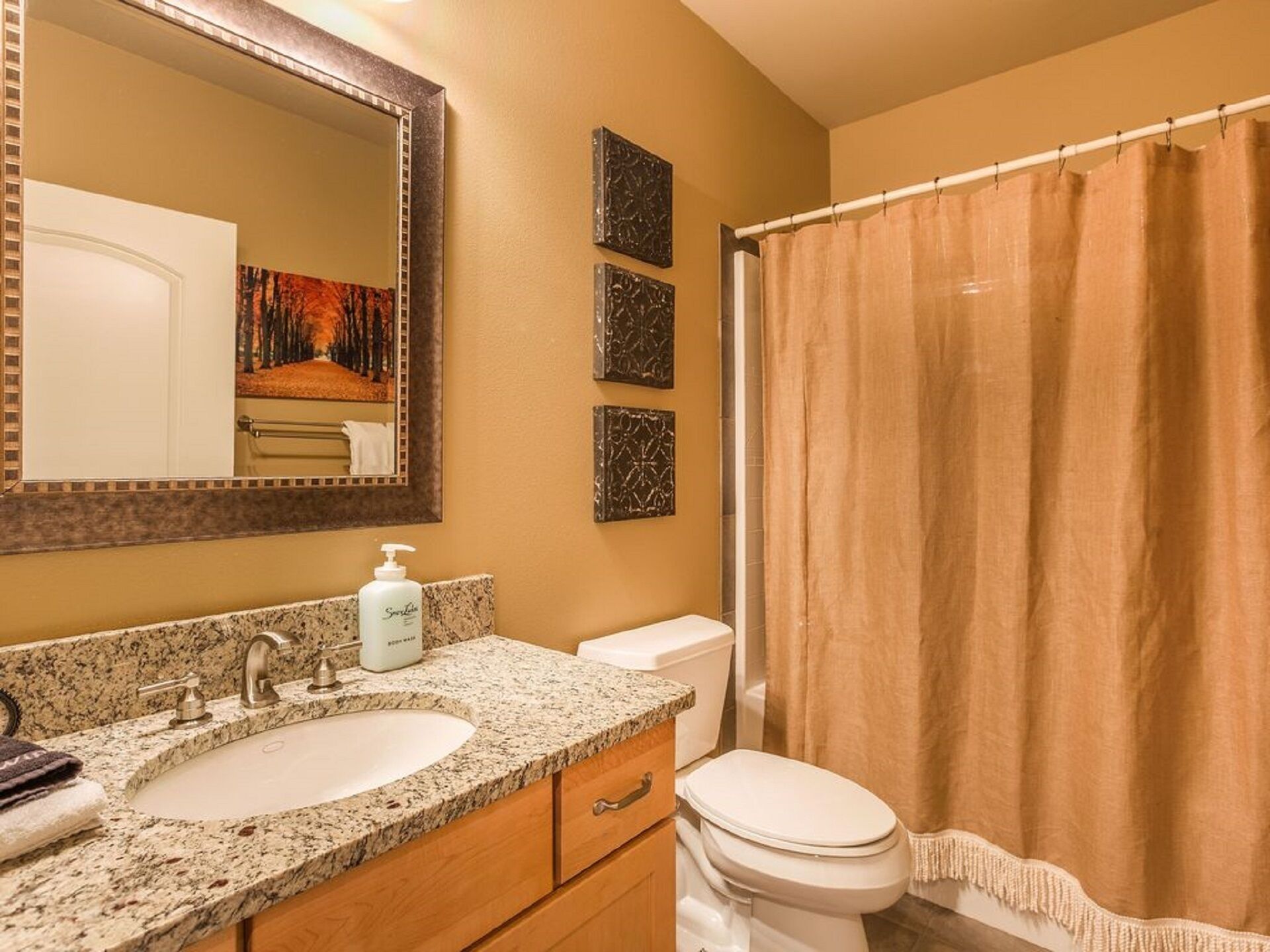 A bathroom with a granite countertop sink, a white toilet, a shower curtain, and a large mirror.