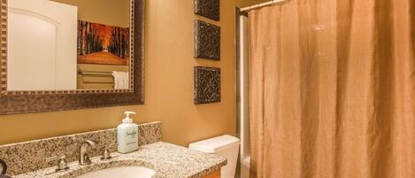 A bathroom with a granite countertop sink, a white toilet, a shower curtain, and a large mirror.