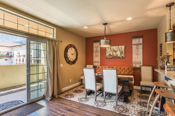 Spacious dining room that adjoins the living room and wrap-around deck