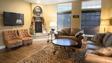 TV, fireplace, DVD player, books