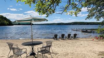 On the beach, sun-loungers
