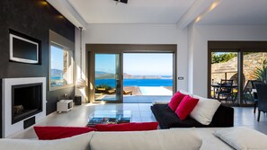 Villa, 3 Bedrooms, Sea View | Living room | TV - Elounda Black Pearl Villa (Agios Nikolaos)