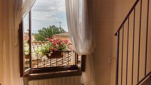 Una ventana con cortinas blancas, vista a un balcón con planta en maceta y baranda de metal.