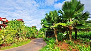A pathway flanked by lush greenery and palm trees, leading to a building with a red roof. -  Eden Island, Beach front, Luxury, 3 Bed Ensuite, WiFi (Mahé Island)