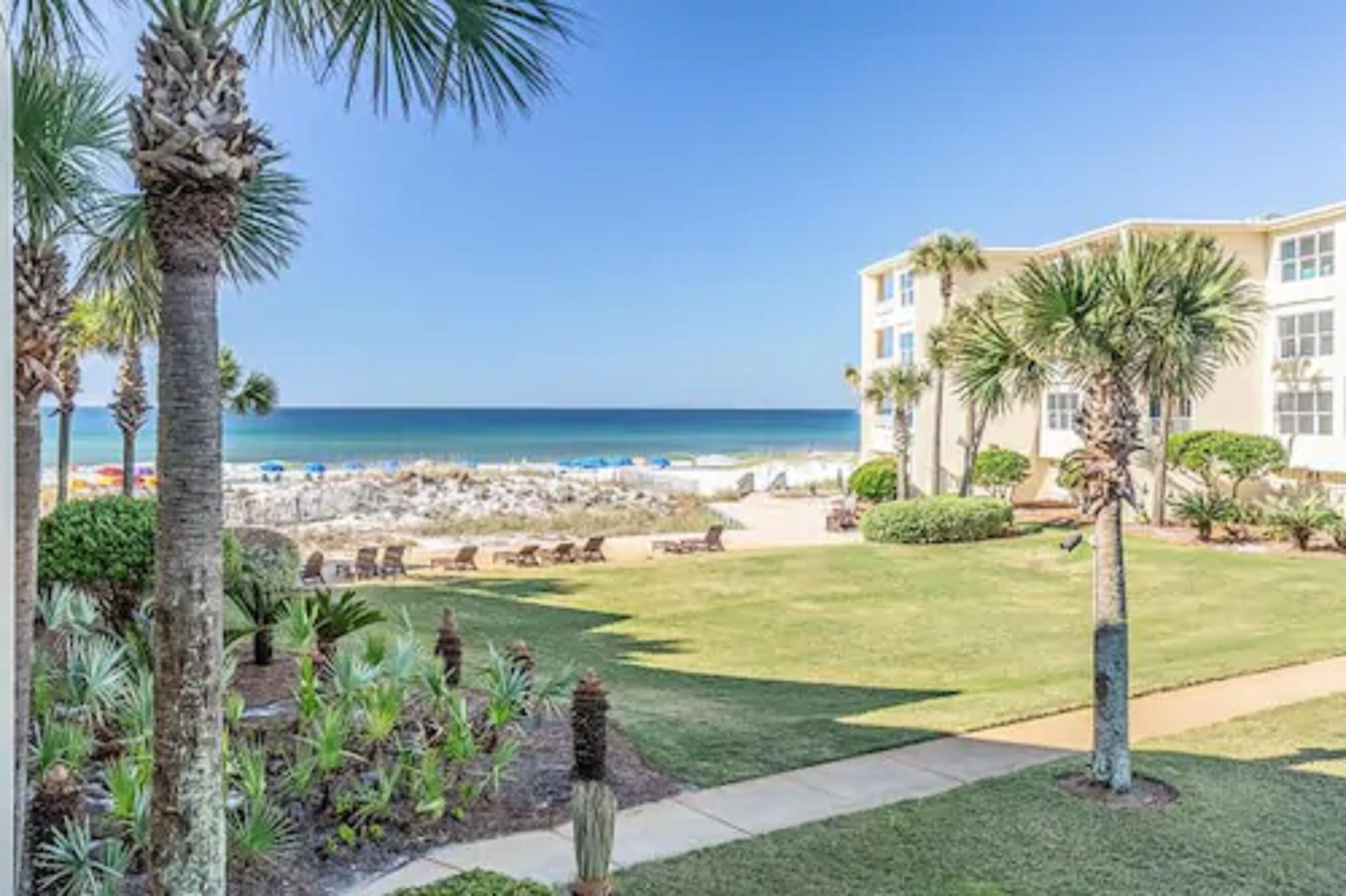 Ein Resort mit Pool, Palmen und Blick auf den Strand.