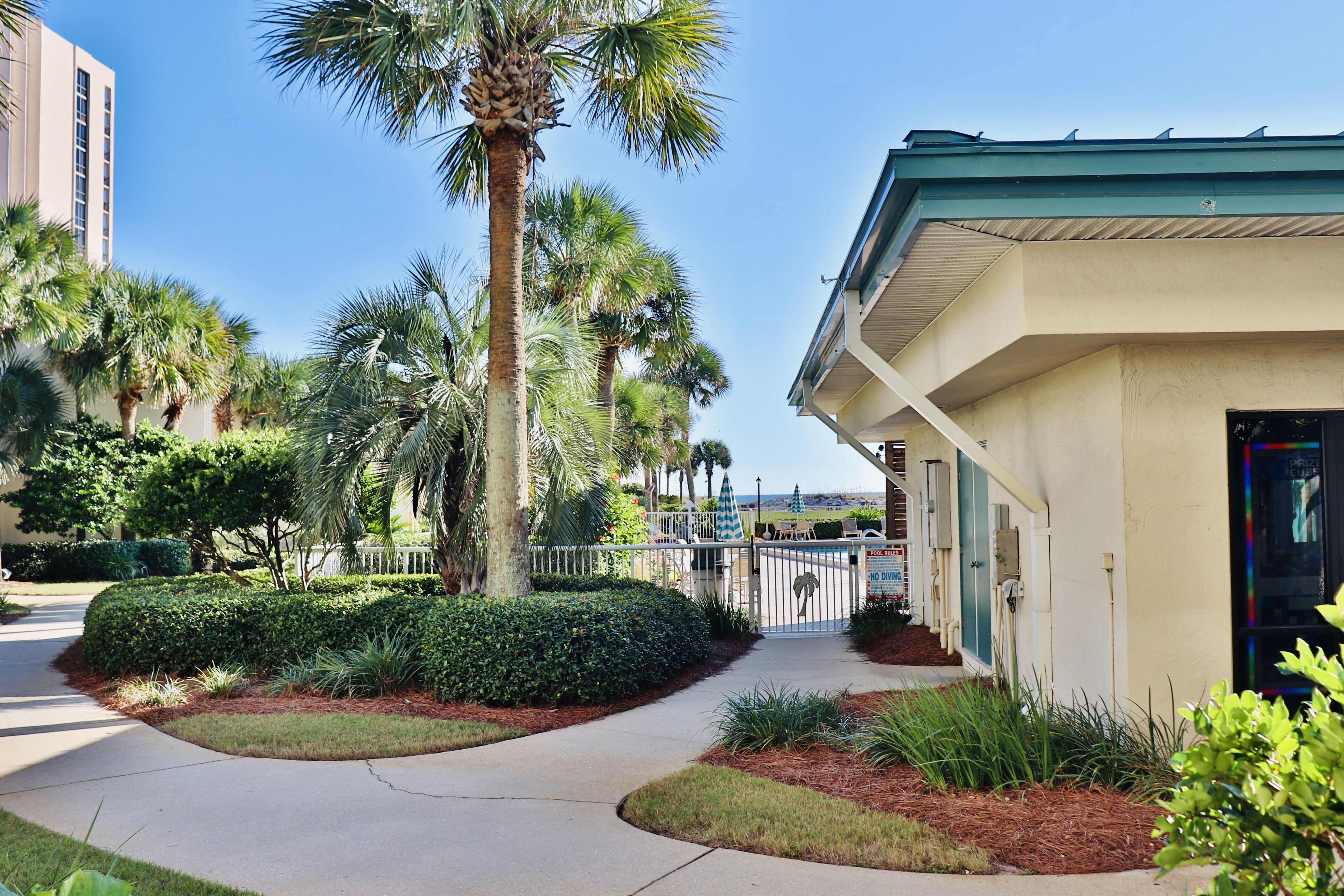 A hotel entrance with a pathway, palm trees, and a building with a green roof.