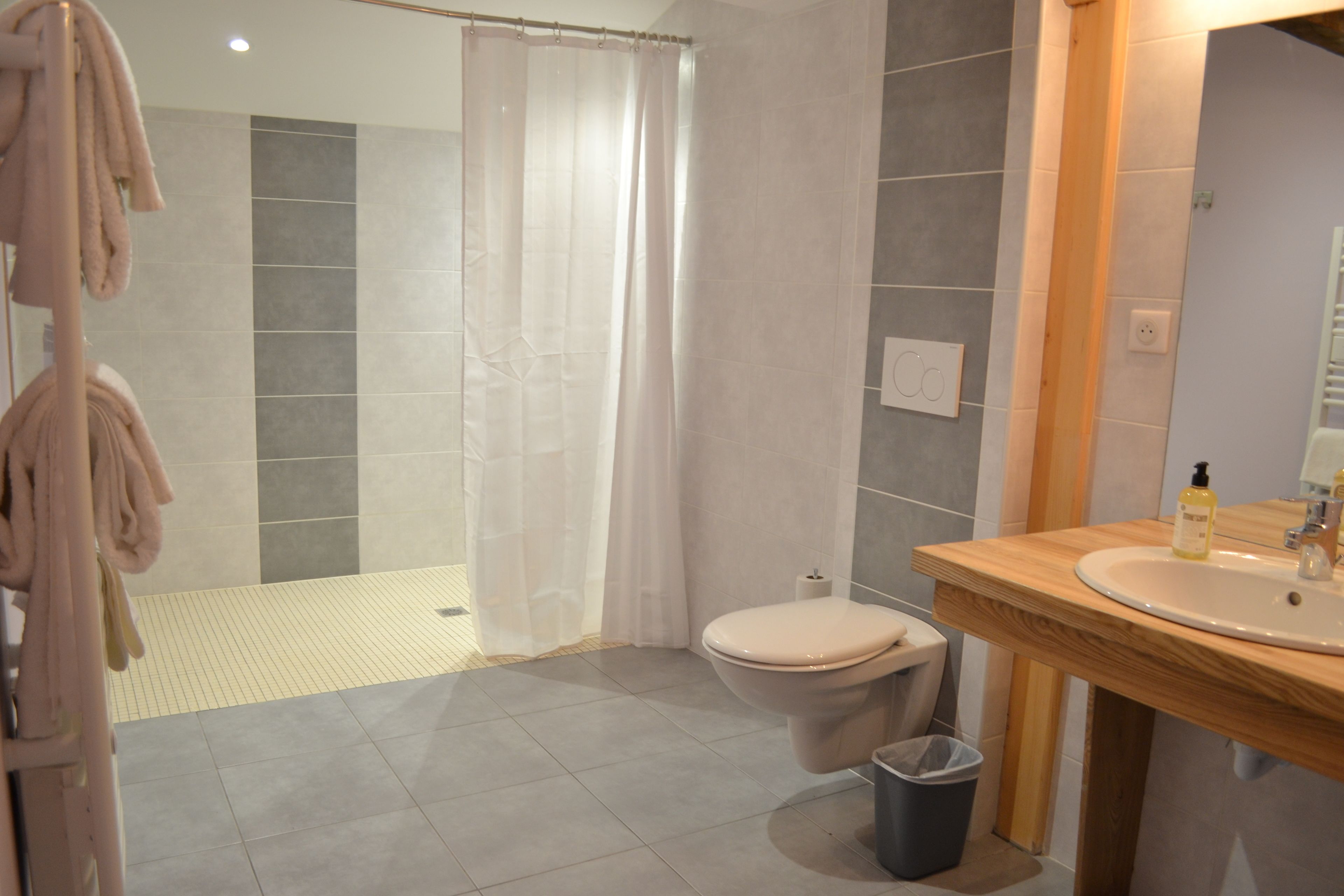 A modern bathroom with a shower, toilet, and sink.