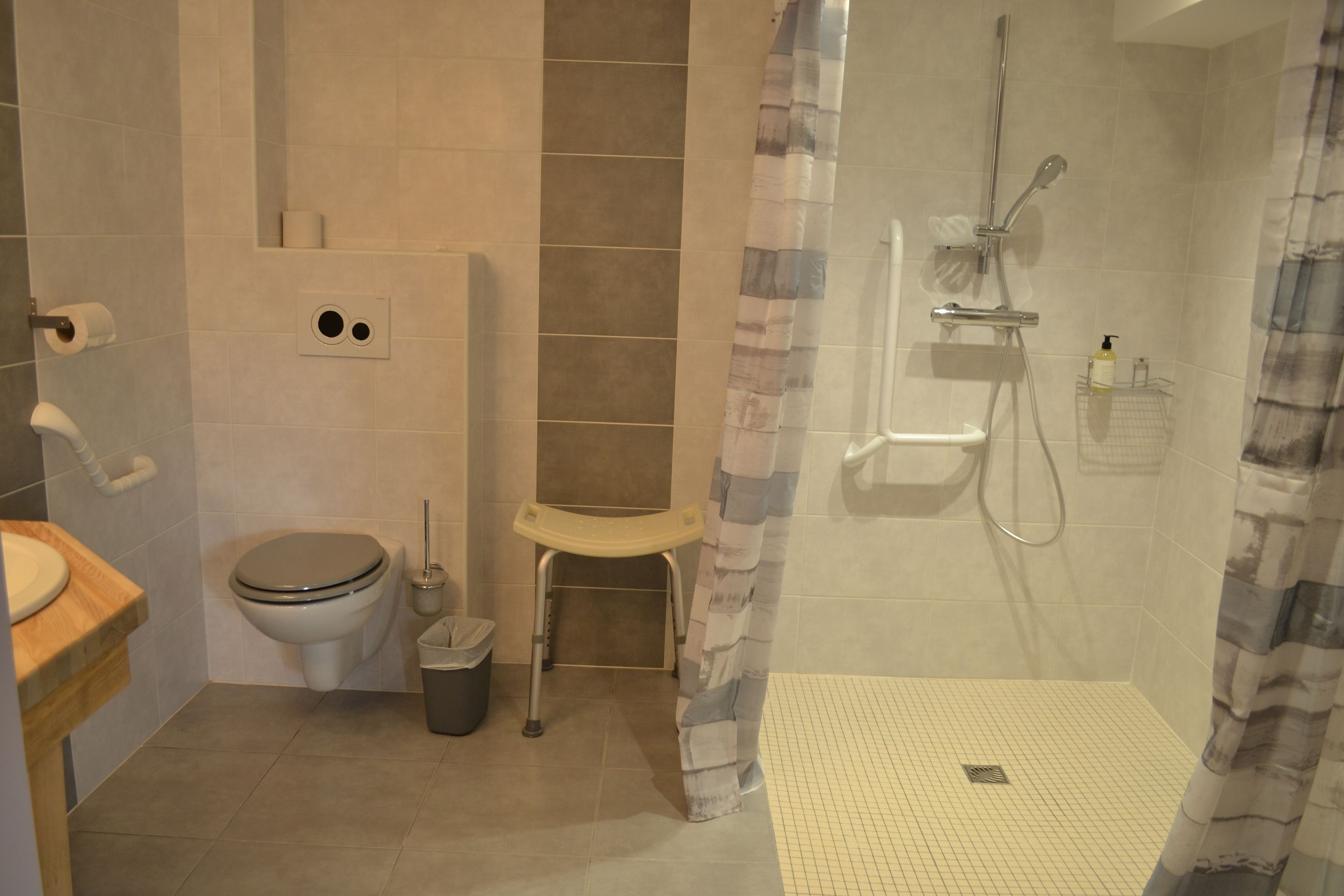 A bathroom with a toilet, bidet, and shower.