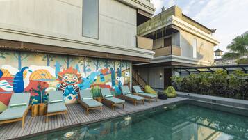 Outdoor pool, open 7:00 AM to 8:00 PM, sun loungers