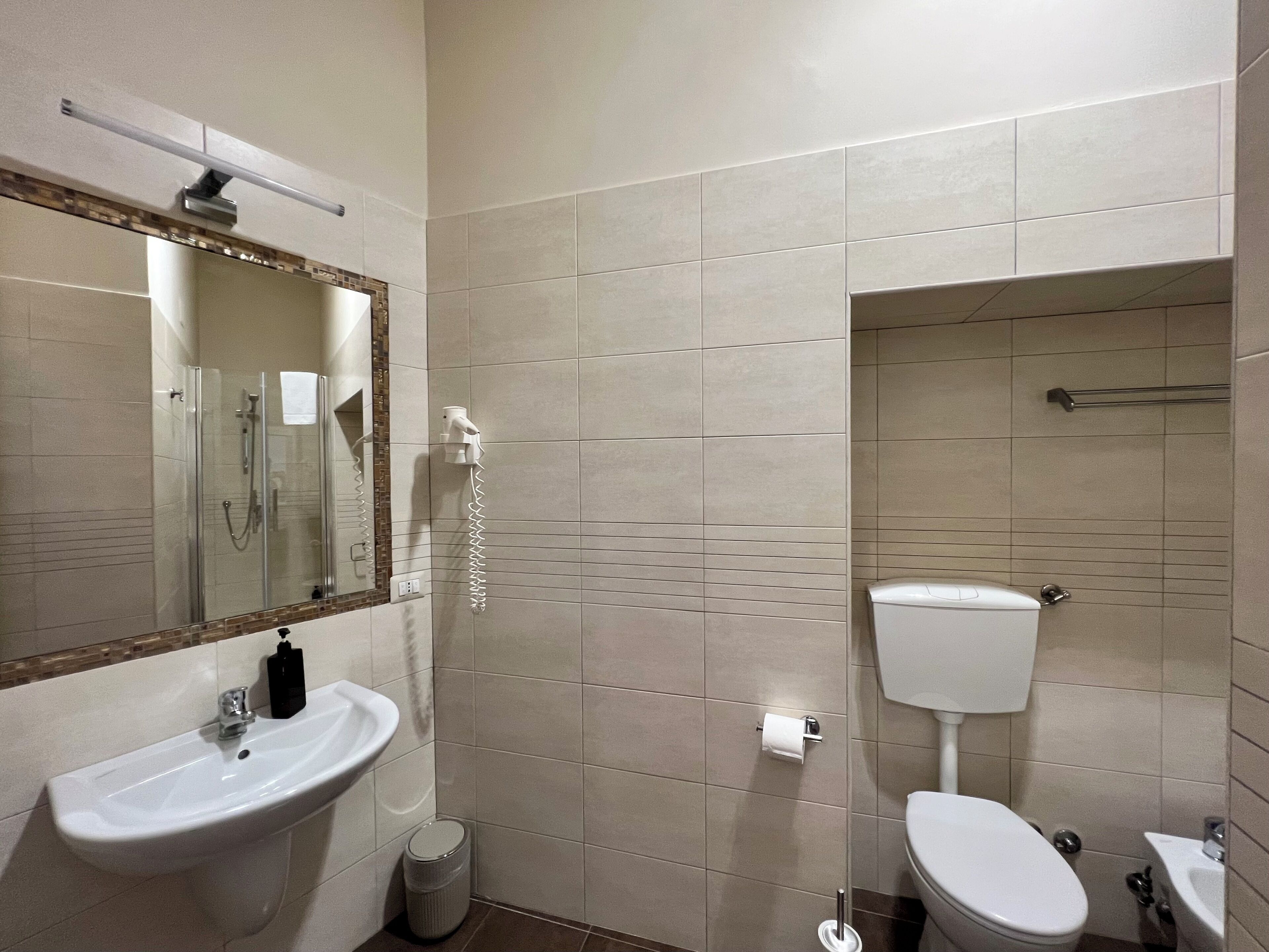 A modern bathroom with a sink, mirror, toilet, and shower.
