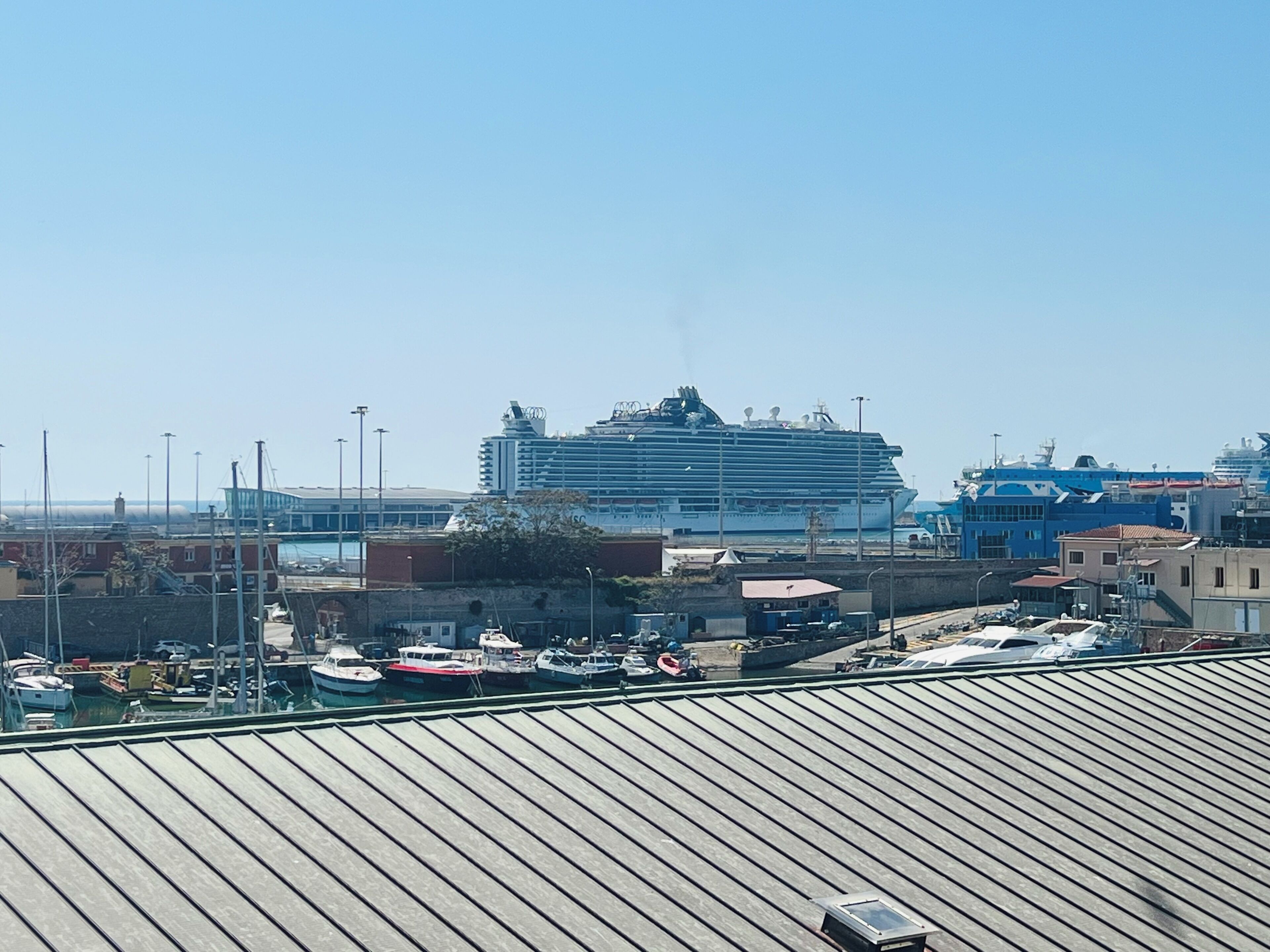 A harbor with a large cruise ship docked, several smaller boats, and a building with a sloped roof.