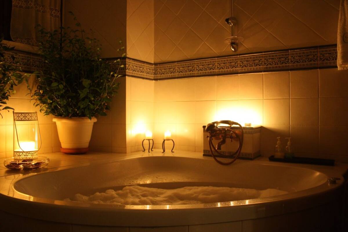 Une salle de bain avec une baignoire, deux appliques murales, une plante en pot et une bordure décorative en carreaux.