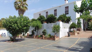 Une cour avec un sol carrelé, un bâtiment blanc doté de nombreuses fenêtres, ainsi que divers arbres et plantes.