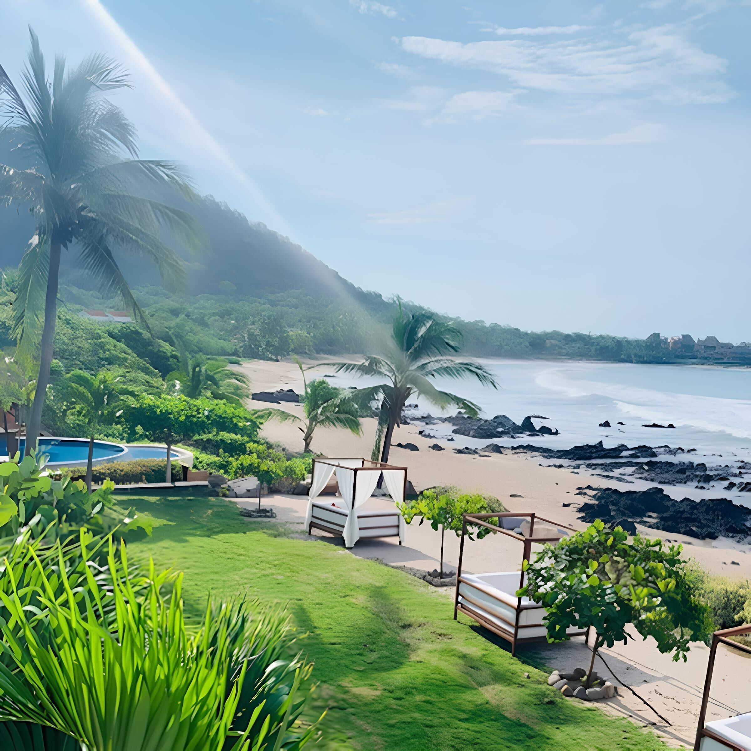 On the beach, beach towels, surfing