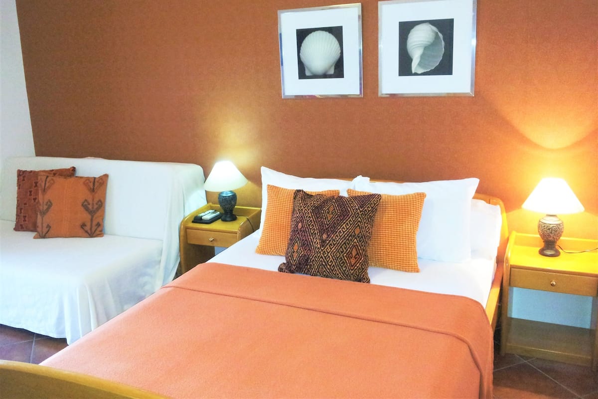 Una habitación de hotel con dos camas individuales, cada una con mesita de noche, lámpara y almohadas decorativas.