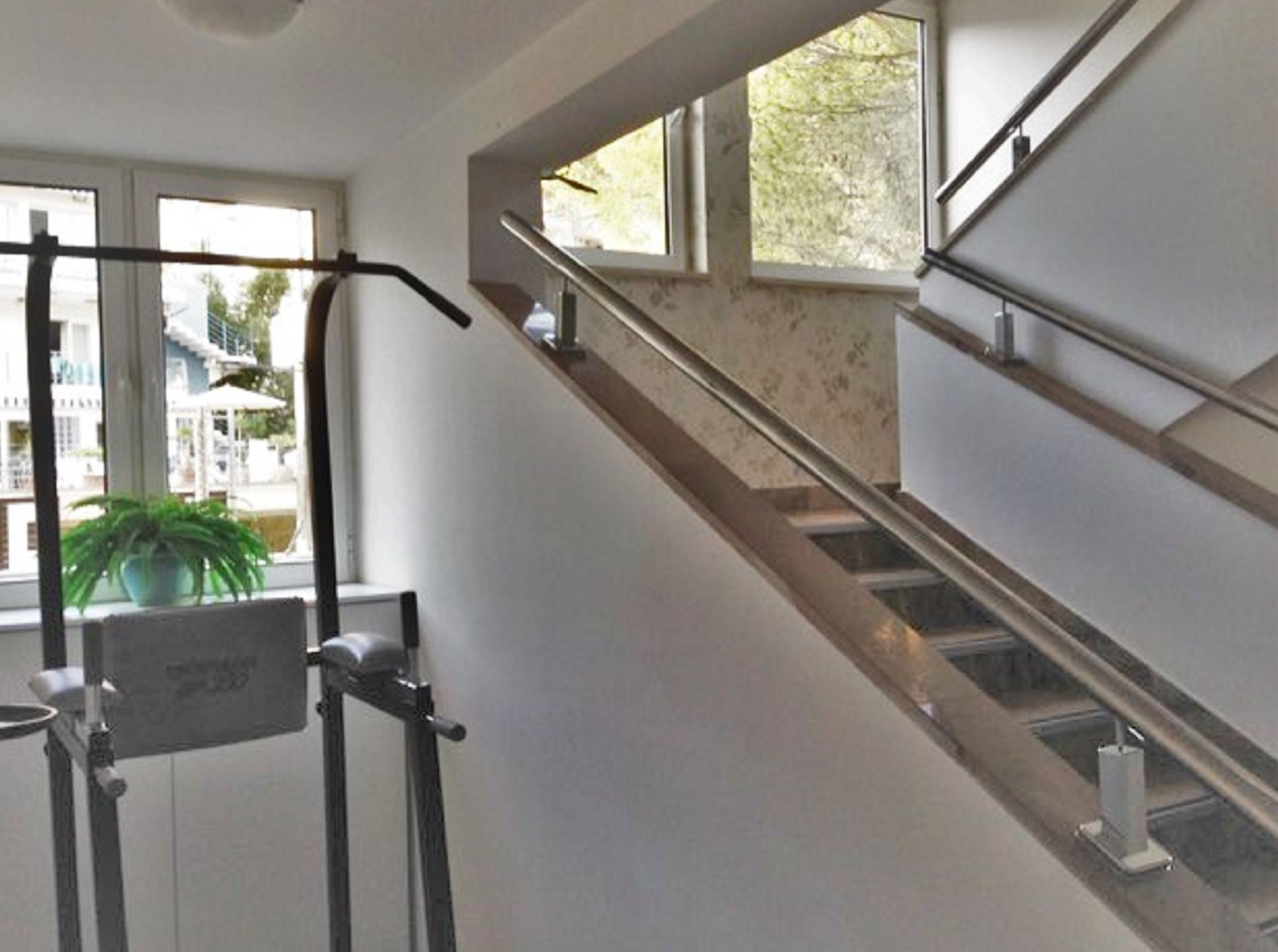 Una escalera con barandales, una ventana con vistas a edificios y una planta en maceta.