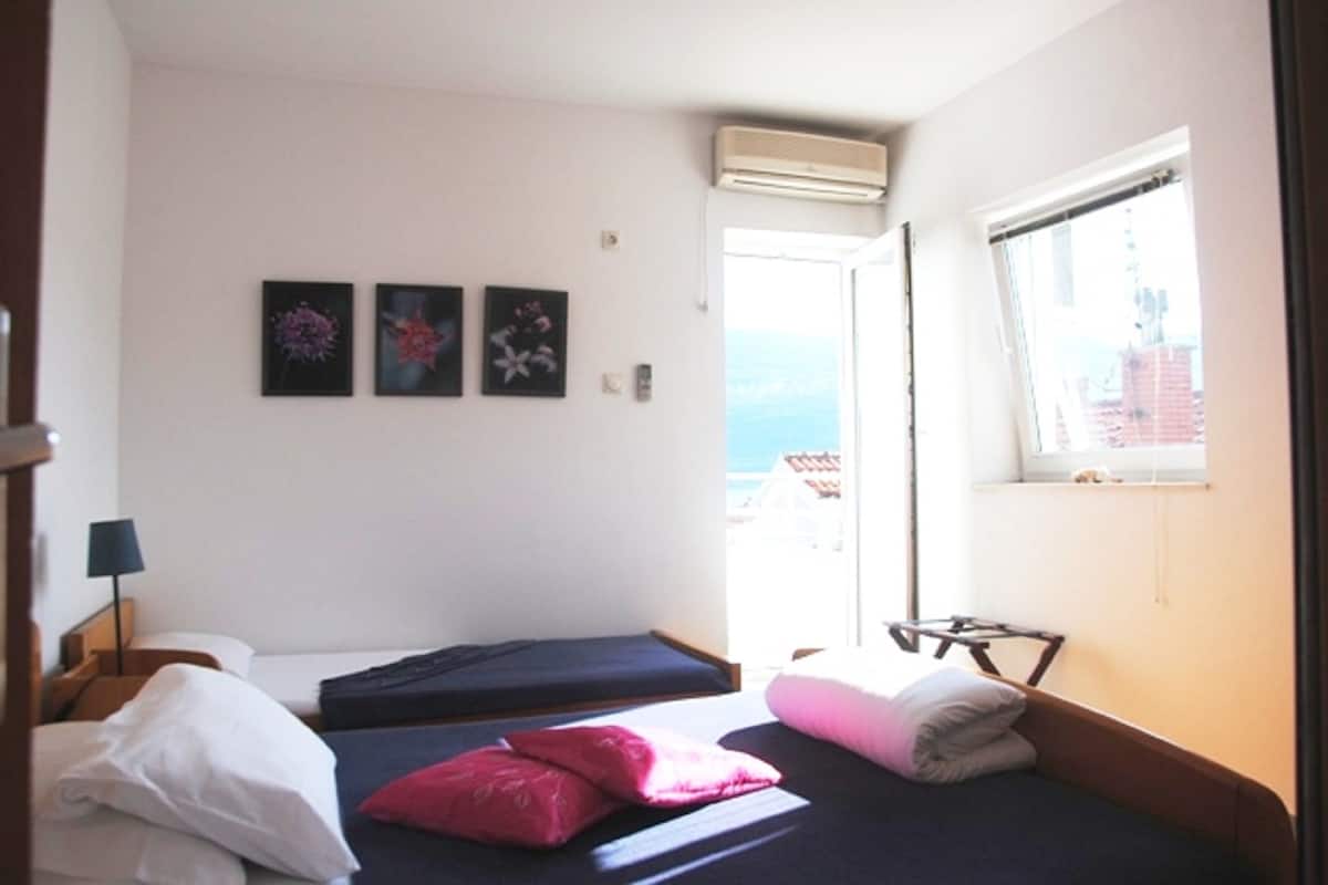 Una habitación pequeña y luminosa con dos camas, una ventana con vistas y un aire acondicionado de pared.