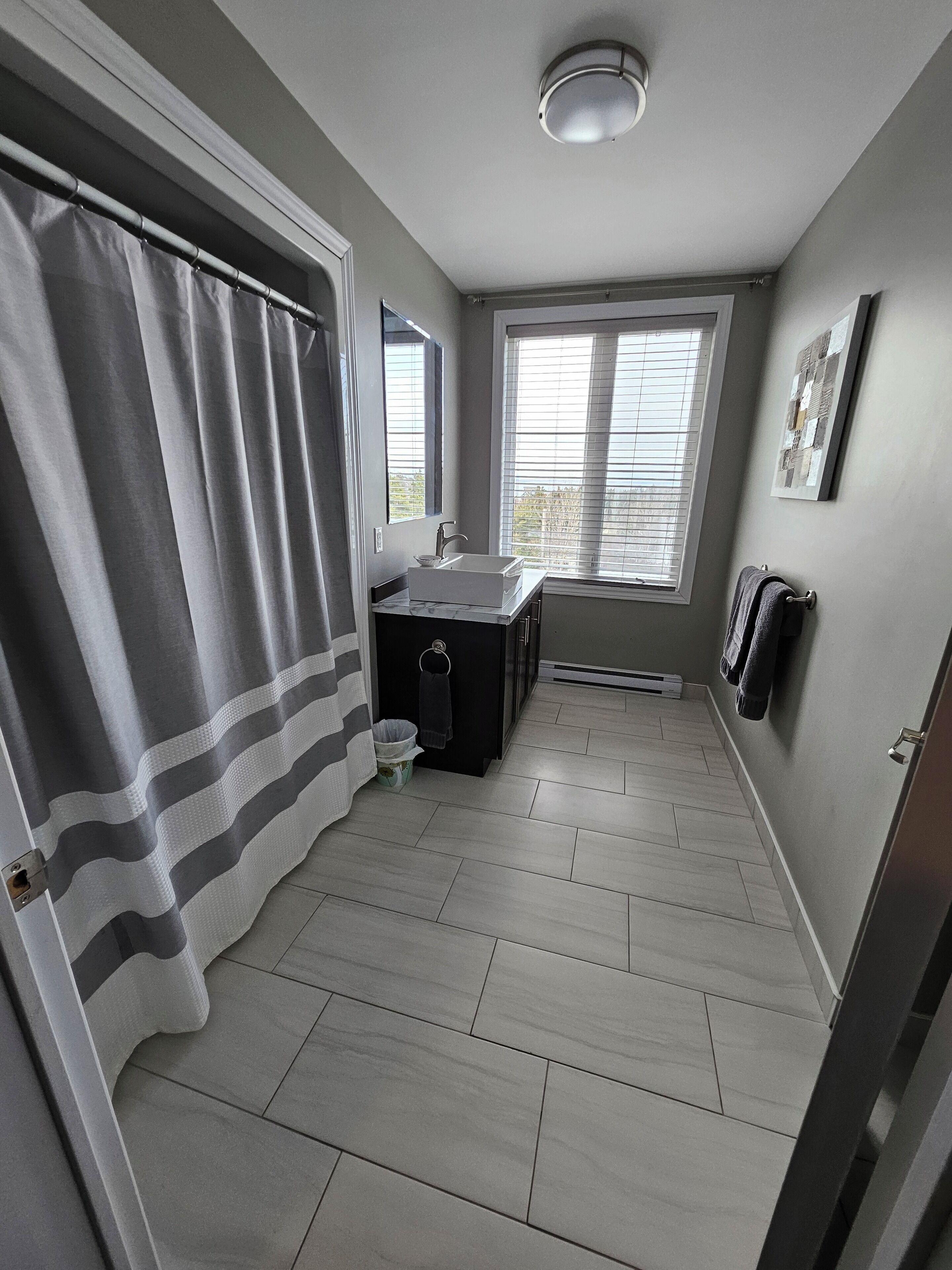 A bathroom with a shower curtain, a sink, a mirror, and a window with blinds.