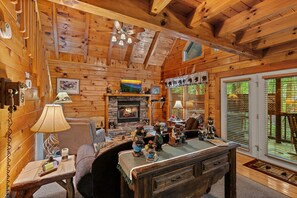 Fireplace, DVD player, foosball