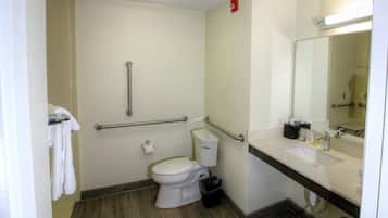 Une salle de bain équipée de toilettes, de barres d’appui, d’un lavabo, d’un miroir et d’une poubelle.